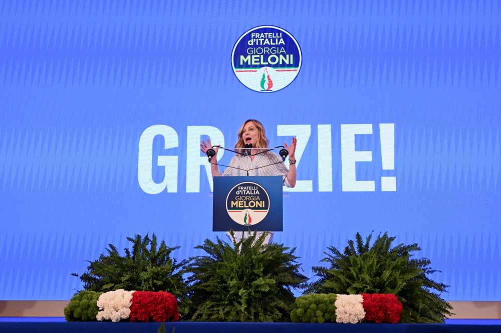 Italy’s Prime Minister Giorgia Meloni speaks following the announcement of the partial results of the European Parliament elections, in Rome. — Reuters pic