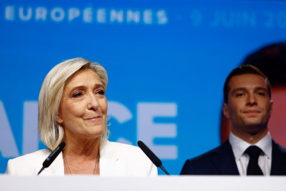 National Rally’s Marine Le Pen and prime minister candidate, Jordan Bardella. — Reuters pic