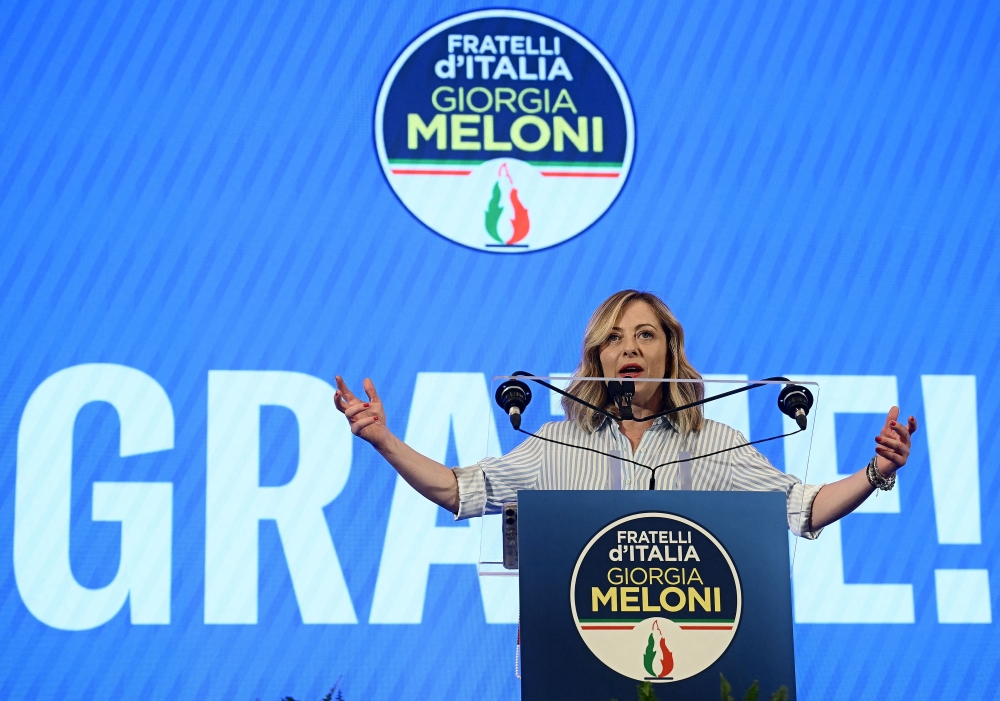 Italy's Prime Minister and leader of the far-right party Brothers of Italy (Fratelli D'Italia - FDI) Giorgia Meloni getures as she speaks during a press conference following the results of the European Elections in Rome June 10, 2024. — AFP pic