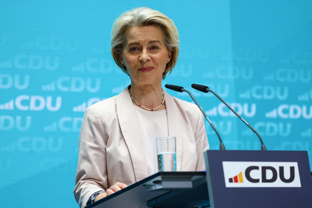 European Commission President Ursula von der Leyen attends a press conference after a Christian Democratic Union (CDU) party leadership meeting following the EU elections, in Berlin June 10, 2024. — Reuters pic  