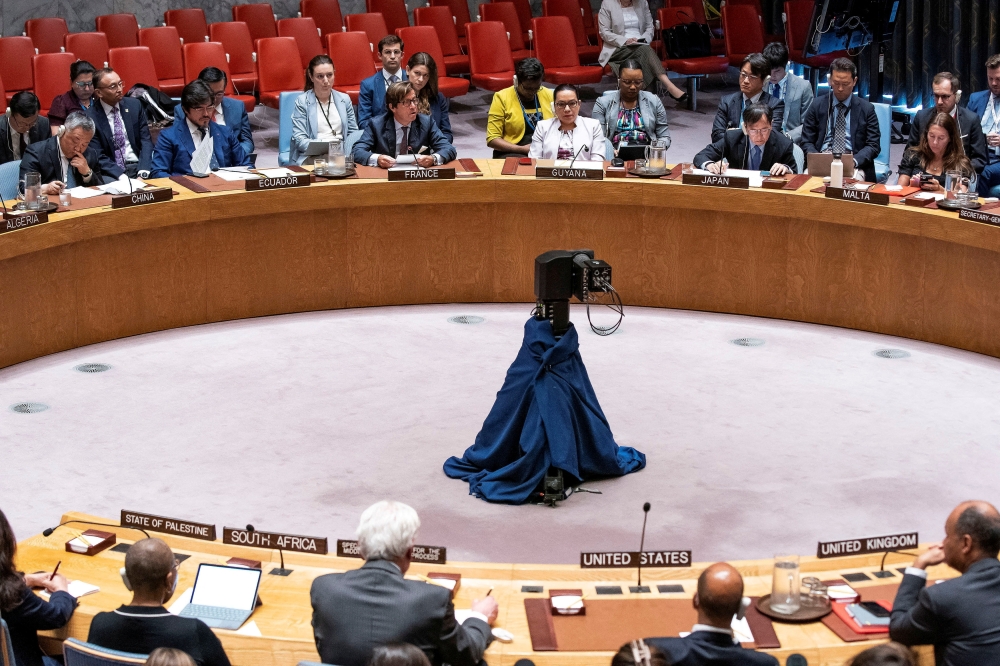 France’s Ambassador to the United Nations Nicolas de Riviere addresses members of the United Nations Security Council during a meeting on the situation in Middle East and Palestine, at the United Nations headquarters in New York May 29, 2024. — Reuters pic  
