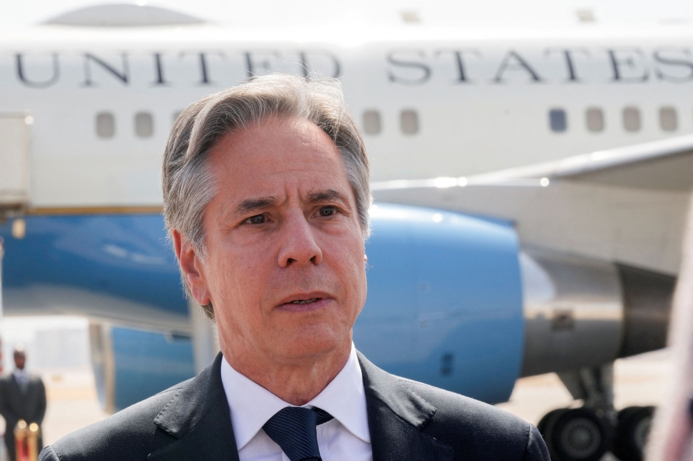 US Secretary of State Antony Blinken speaks to members of the media after meeting with Egyptian President Abdel Fattah al-Sisi, at Cairo airport June 10, 2024. — Amr Nabil/Pool/Reuters pic