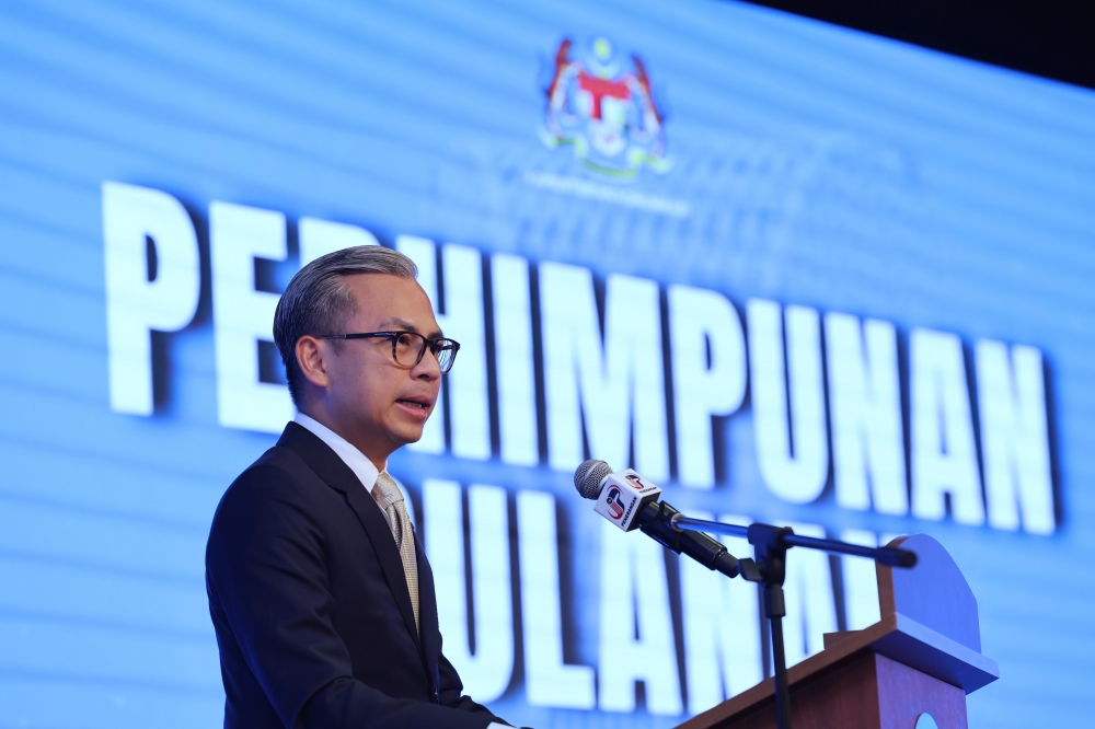 Communications Minister Fahmi Fadzil speaks during the ministry’s monthly assembly in Putrajaya June 11, 2024. ― Bernama pic 