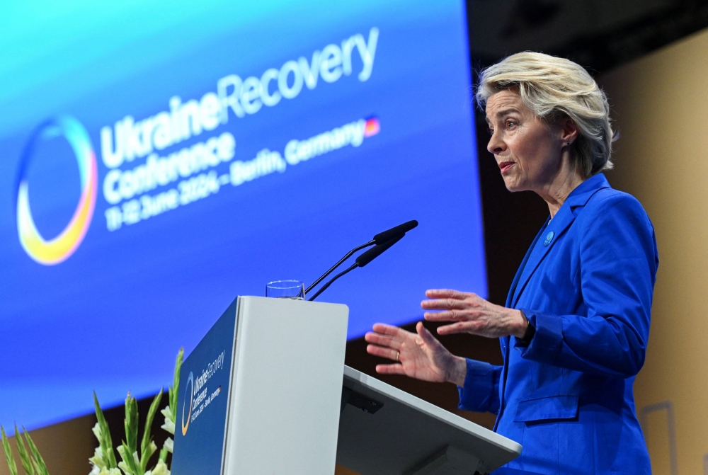European Commission President Ursula von der Leyen gives a speech at the Ukraine Recovery Conference in Berlin June 11, 2024. — Reuters pic  