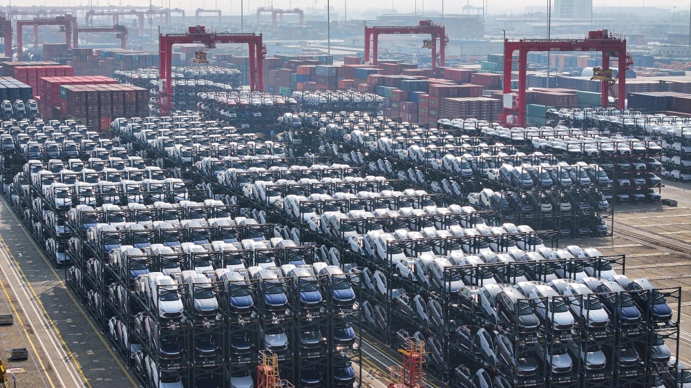 BYD electric cars waiting to be loaded onto a ship are seen stacked at the international container terminal of Taicang Port in Suzhou, in eastern Jiangsu province February 8, 2024. — AFP pic