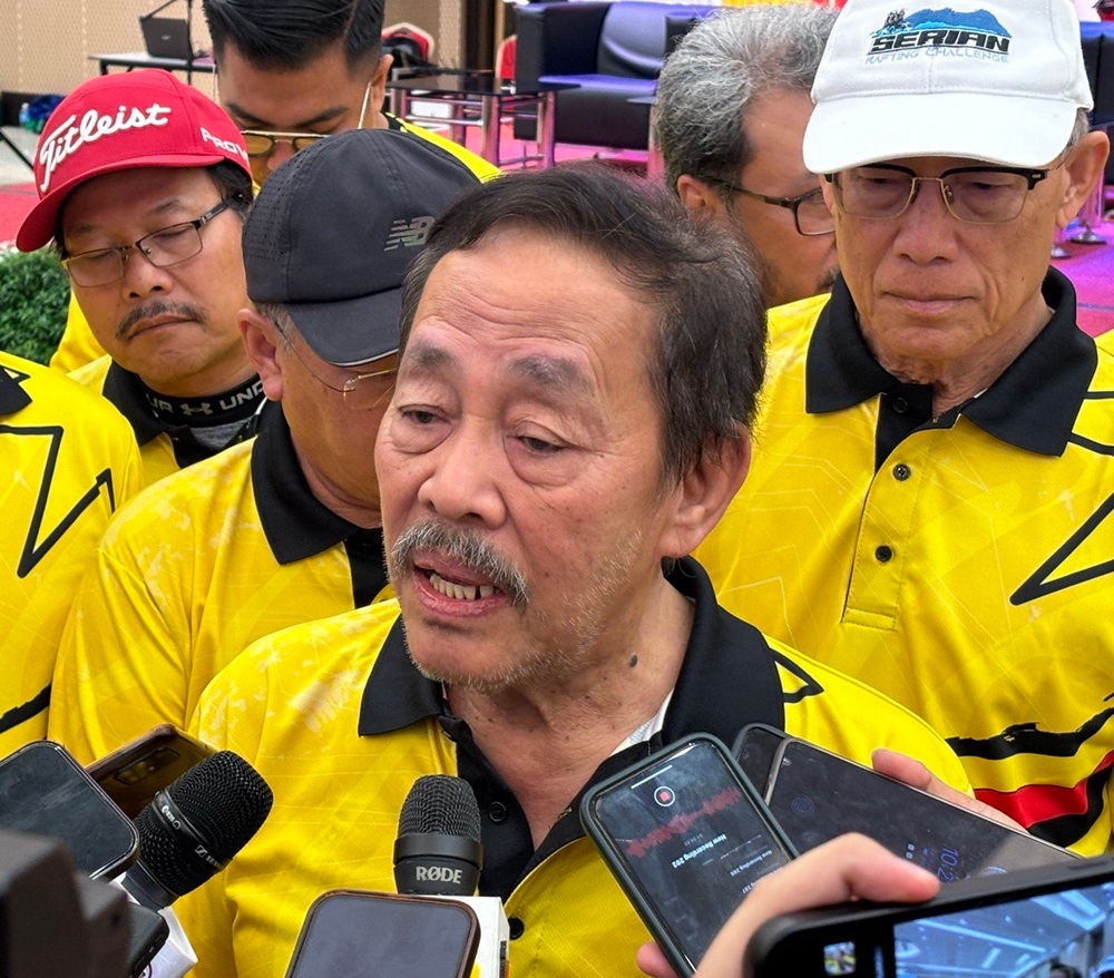 Datuk Seri Roland Sagah Wee Inn speaks to the media after the Sukma XXI Baton Run at Serian Conference Centre June 16, 2024. — The Borneo Post pic 