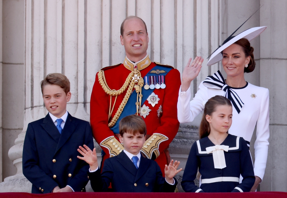 Britain's William, Prince of Wales, Catherine, Princess of Wales, Prince George, Princess Charlotte, Prince Louis appear on the balcony of Buckingham Palace as part of the Trooping the Colour parade to honour Britain's King Charles on his official birthday in London June 15, 2024. — Reuters pic  