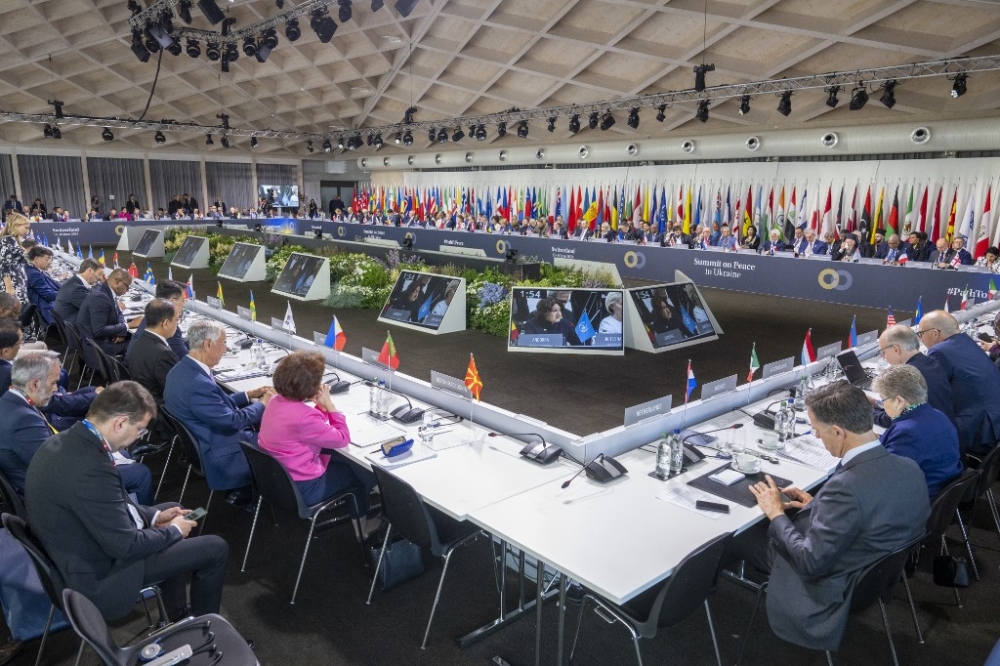 This photograph shows a general view of a plenary session at the Summit on peace in Ukraine, at the luxury Burgenstock resort, near Lucerne, on June 16, 2024. The two-day gathering brings together Ukrainian President and more than 50 other heads of state and government, to try to work out a way towards a peace process for Ukraine -- albeit without Russia. — AFP pic