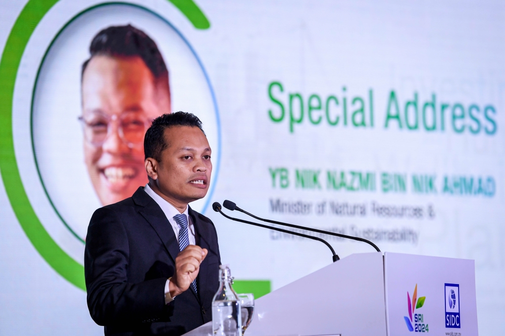 Natural Resources and Environmental Sustainability Minister Nik Nazmi Nik Ahmad speaks during the SIDC Sustainable and Responsible Investment (SRI) Conference 2024 in Kuala Lumpur June 20, 2024. ― Bernama pic
