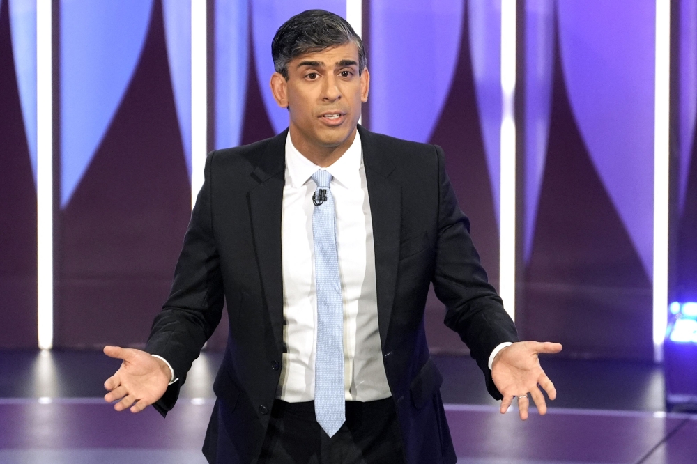 Britain's Prime Minister and Conservative Party leader Rishi Sunak takes part in a four-party leadership BBC Question Time Election Special in York, northern England, on June 20, 2024. — AFP pic