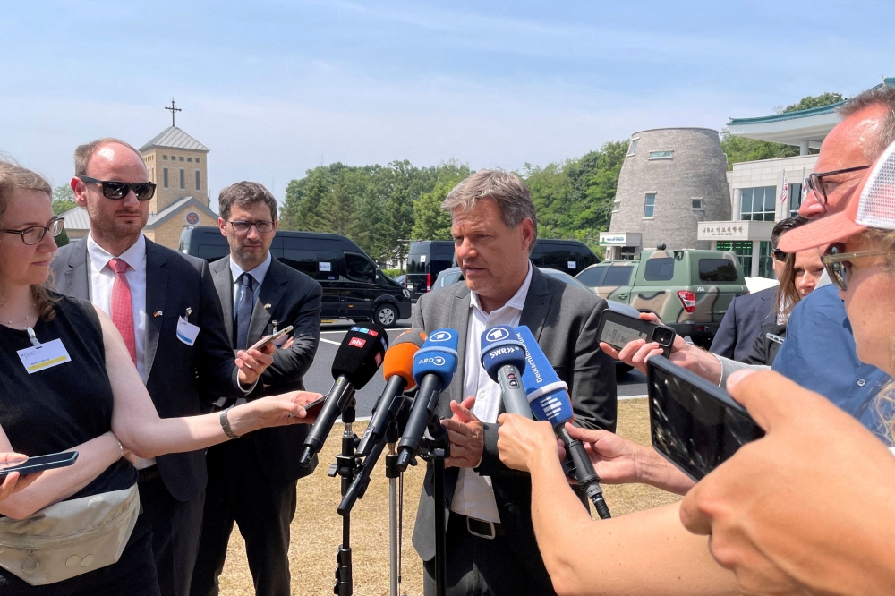 German Vice Chancellor and Economy Minister Robert Habeck speaks to reporters after he visits Panmunjom, the demilitarised zone between South Korea and North Korea, in Paju, South Korea June 21, 2024. — Reuters pic