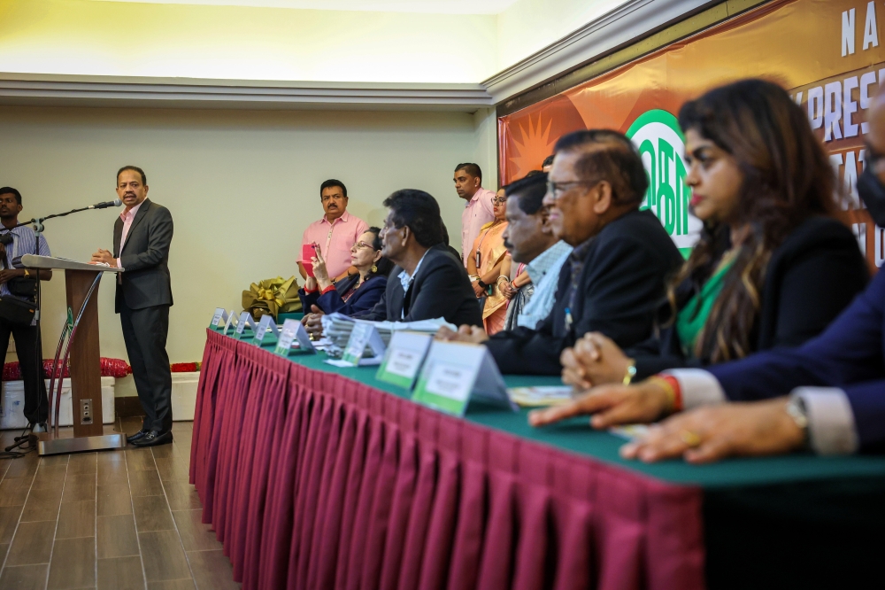 MIC president Tan Sri SA Vigneswaran (left) speaks during the nominations for MIC’s top leadership positions at the MIC headquarters in Kuala Lumpur June 22, 2024. — Bernama pic