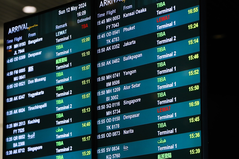 A general picture of arrival board in KLIA terminal 1 May 12, 2024. Some 280 Malaysian Haj pilgrims arrived at the KLIA at around 9.30pm today, signifying the commencement of the second phase of operations for the Haj Season 1445H/2024M to welcome their return home. — Picture by Miera Zulyana