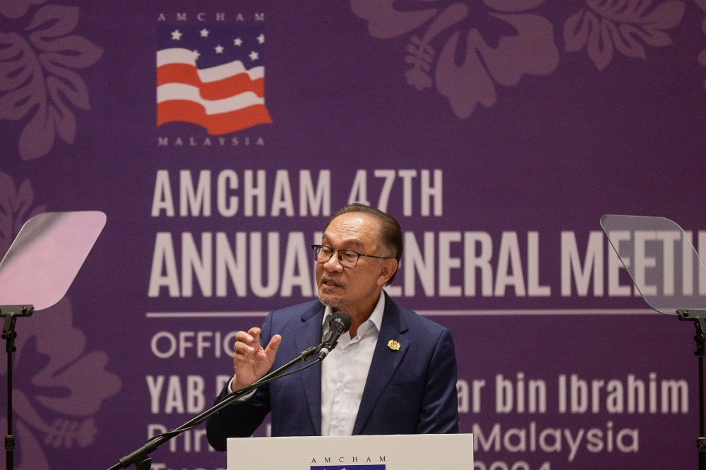 Prime Minister Datuk Seri Anwar Ibrahim speaks during a luncheon held by the American Malaysian Chamber of Commerce in Kuala Lumpur June 25, 2024. ― Picture by Sayuti Zainudin