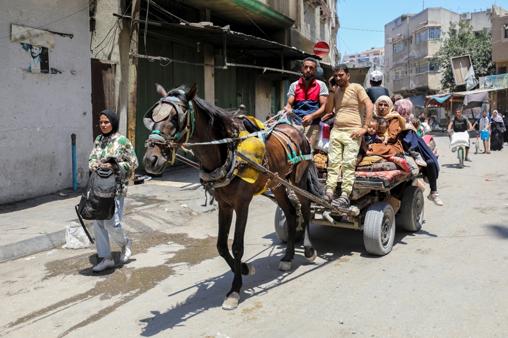 Palestinians travel in a horse-drawn cart as they flee their homes following an Israeli military operation in Shejaiya, amid Israel-Hamas conflict, in Gaza City, June 27, 2024. — Reuters pic