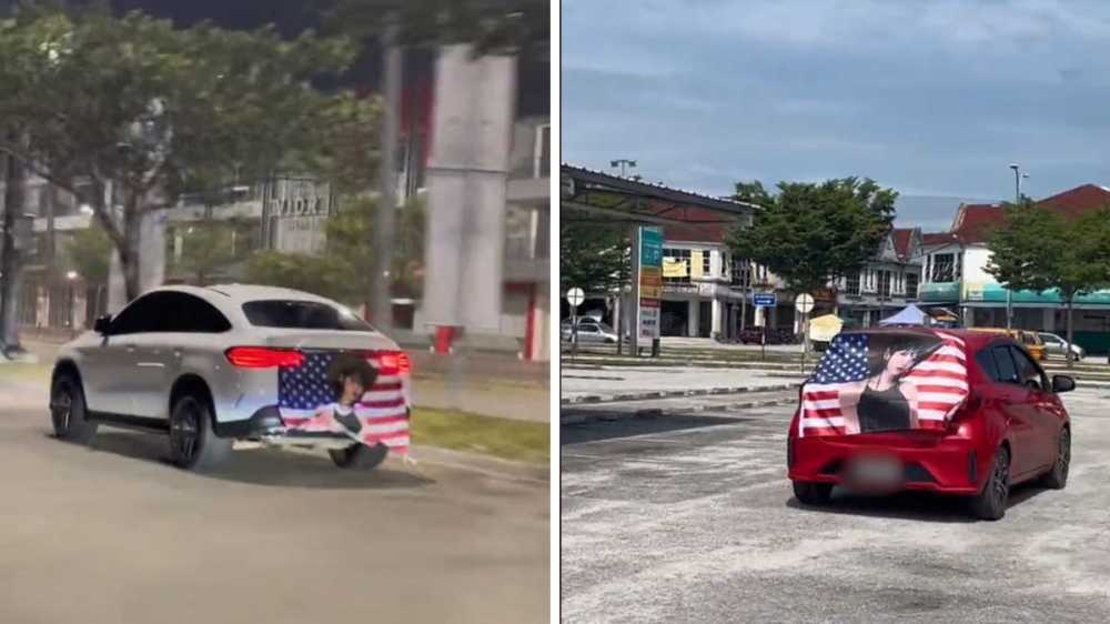 Two cars with the exact same motif, Kim Chaewon on a US flag, have been spotted.— Composite via TikTok/@zaffqiq 