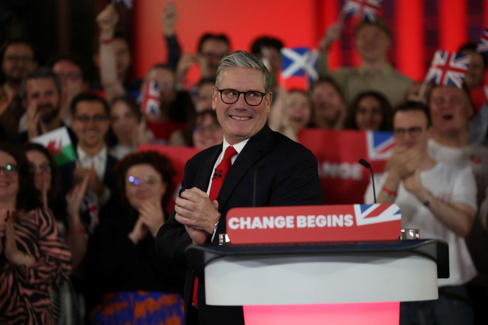 Keir Starmer, leader of Britain's Labour party, reacts as he speaks at a reception to celebrate his win in the election, at Tate Modern, in London, Britain, July 5, 2024. —Reuters pic