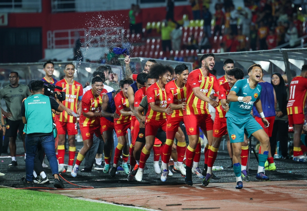 Selangor FC players celebrate their victory after defeating Kuching City FC in the second quarter-final of the 2024/2025 FA Cup at the Petaling Jaya City Council Stadium July 6, 2024. — Bernama pic