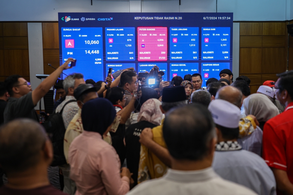 A view of the Sungai Bakap N.20 by-election result room at Bukit Jawi Golf Resort in Nibong Tebal July 7, 2024. — Bernama pic