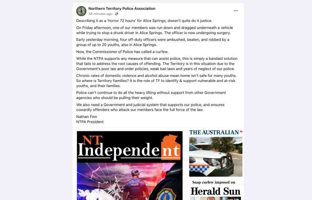 Northern Territory Police Commissioner Michael Murphy said 'significant harm and civil disturbances' had occurred over the last 72 hours in Alice Springs.— Screenshot of Australian Northern Territory Police Association Facebook page