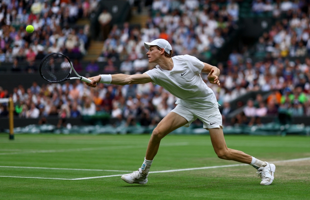 Italy’s Jannik Sinner in action during his fourth round match against Ben Shelton of the US at the All England Lawn Tennis and Croquet Club, London, July 7, 2024. — Reuters pic 