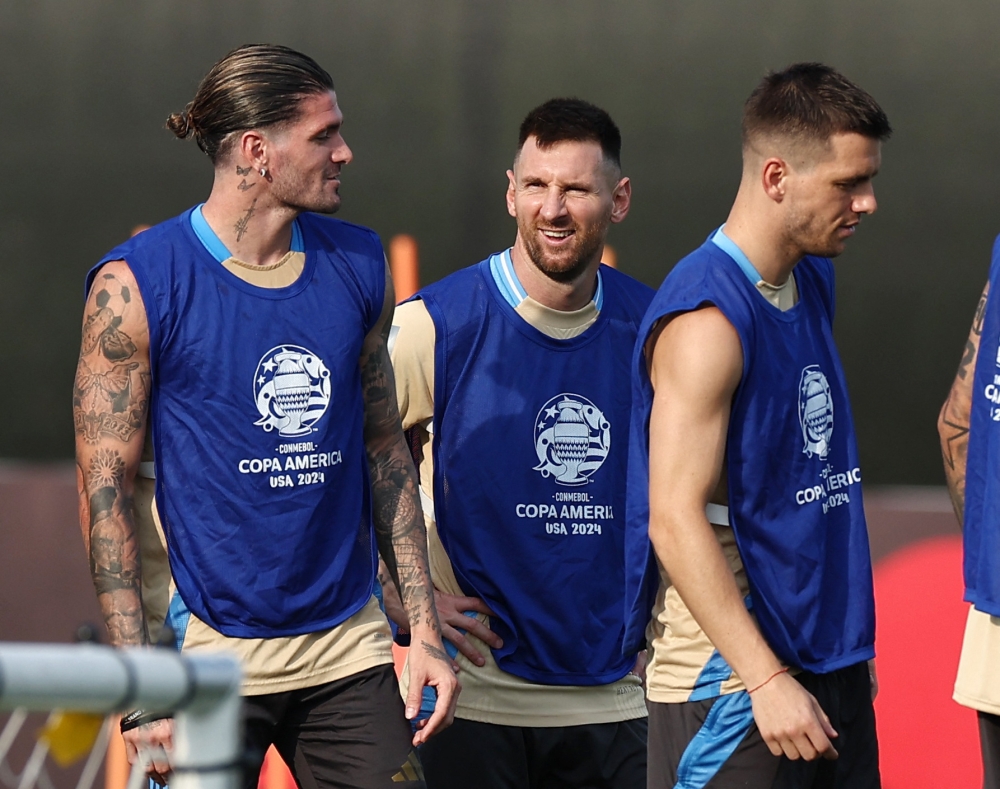 Argentina’s Lionel Messi during training with Rodrigo De Paul at the RBNY Training Facility, East Hanover, New Jersey, July 8, 2024. — Reuters pic 