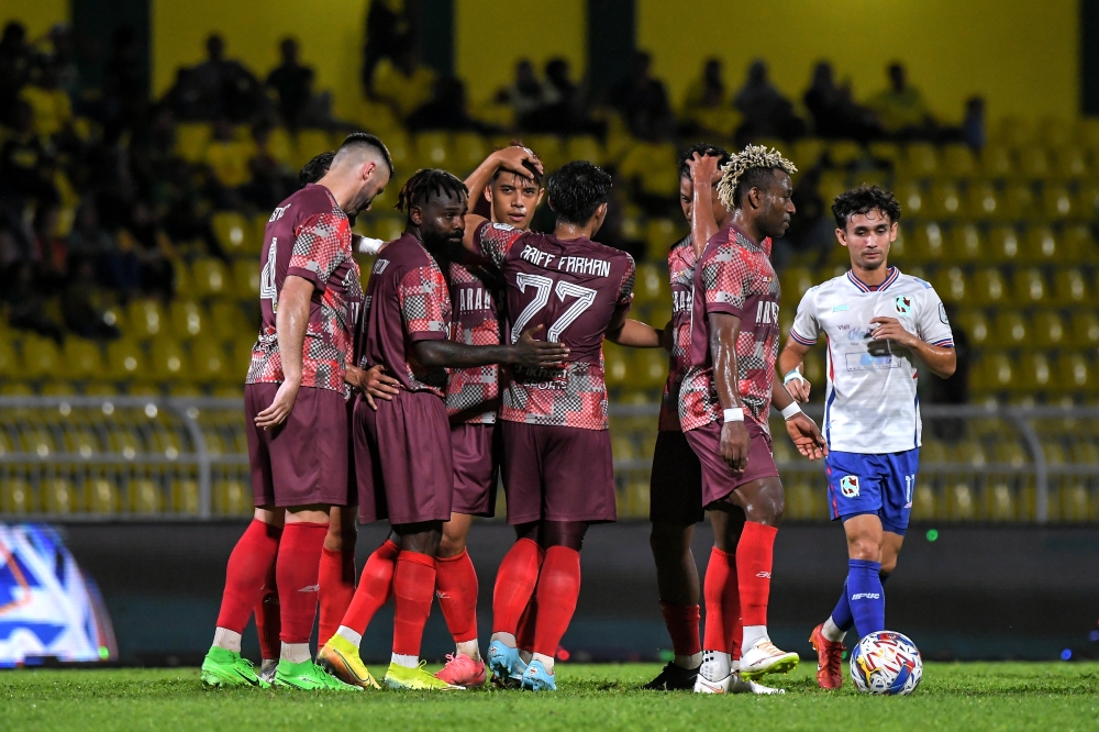 Kedah Darul Aman FC player Muhammad Shafiq Ahmad celebrates with his teammates after scoring a goal in the Malaysia Super League 2024 action against Kelantan Darul Naim FC at the Darul Aman Stadium July 12, 2024. — Bernama pic