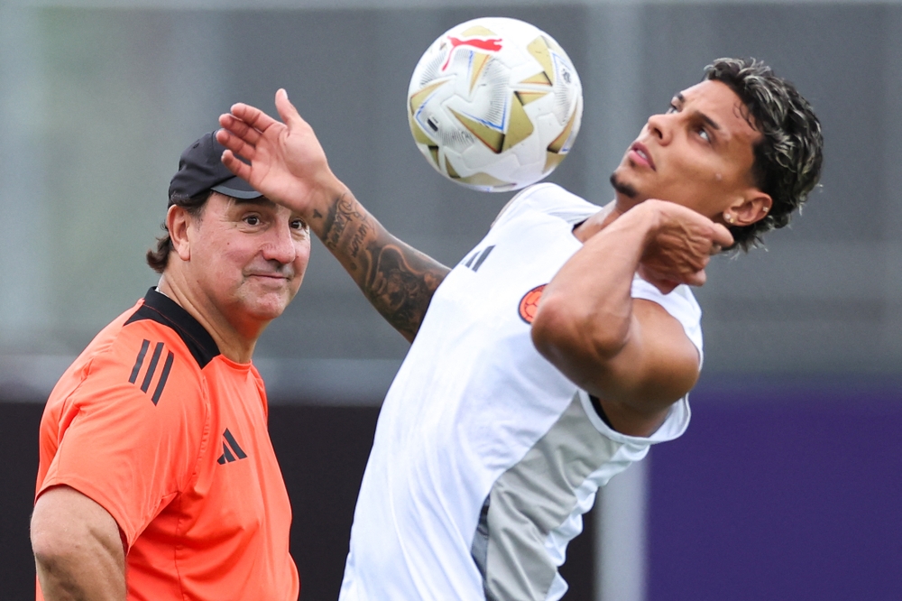 Colombia’s Argentine coach Nestor Lorenzo watches midfielder Richard Rios during a training session one day before the Conmebol 2024 Copa America tournament final football match between Argentina and Colombia at Barry University in Miami Shores, Florida, July 13, 2024. — AFP pic 