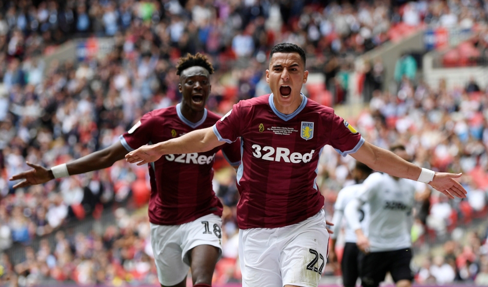 File picture of Aston Villa’s Anwar El-Ghazi celebrating scoring their first goal in May 27, 2019 during the Championship playoff final against Derby County. A German labour court said Friday that Bundesliga football club Mainz had unfairly terminated the contract of winger El Ghazi after the player made comments about the war in Gaza on social media. — Action Images pic via Reuters