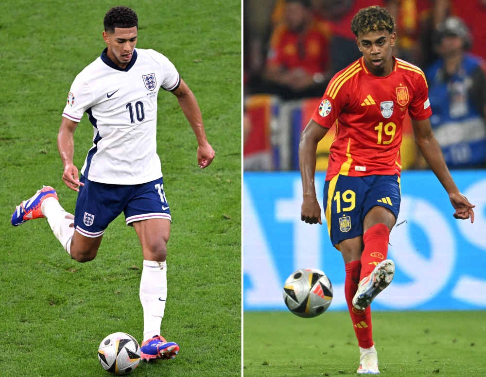 This combination of pictures created on July 12, 2024 shows England’s midfielder Jude Bellingham during the Uefa Euro 2024 semi-final match between the Netherlands and England in Dortmund on July 10, 2024; and Spain’s forward Lamine Yamal during the semi-final match between Spain and France at the Munich Football Arena in Munich on July 9, 2024. Spain faces England during the Uefa Euro 2024 final football match at the Olympiastadion in Berlin on July 14, 2024. — AFP pic 