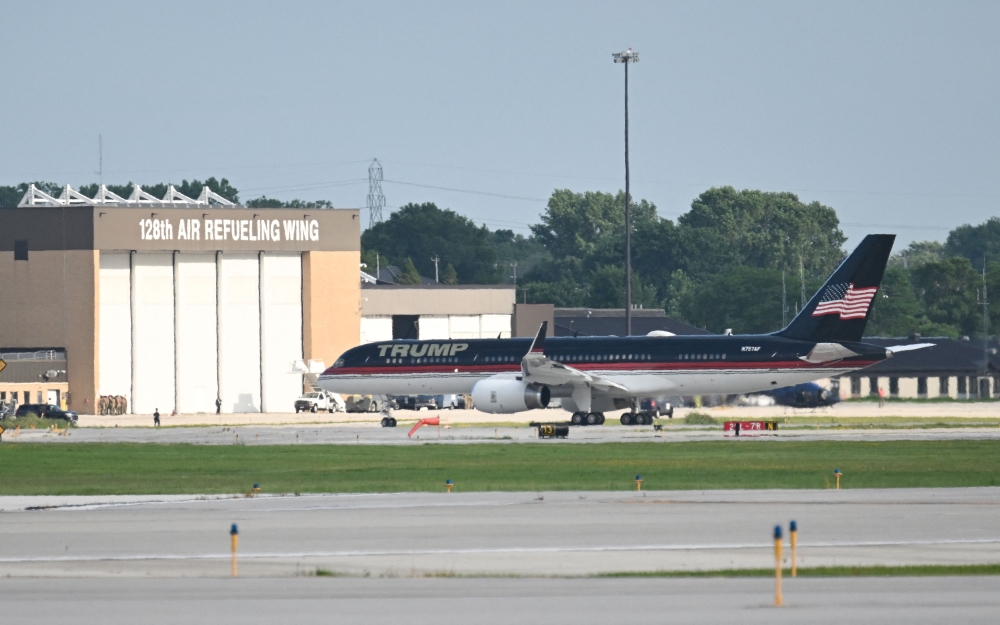 Former US president and Republican presidential candidate Donald Trump’s plane lands at the  Milwaukee Mitchell International Airport in Wisconsin on July 14, 2024. — AFP pic