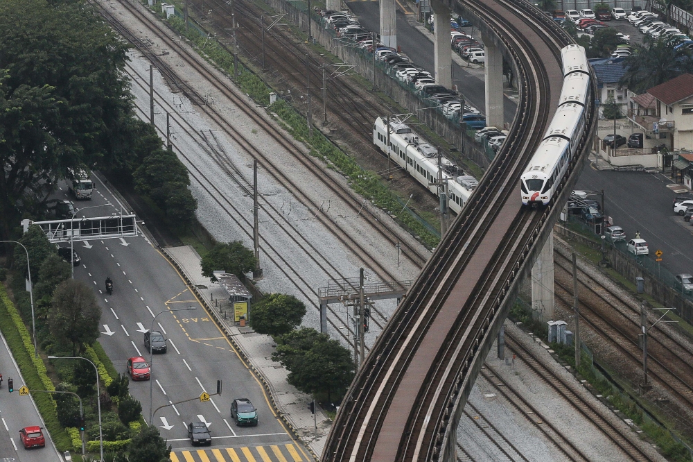File picture of a LRT seen from Menara UOA, Bangsar, January 9, 2024. In a statement today, Setia Utama LRT 3 Sdn Bhd said the closures are to facilitate LRT3 project-related works from July 18, 2024 to July 31, 2024 (Monday to Saturday), 11pm to 5am. — Picture by Sayuti Zainudin