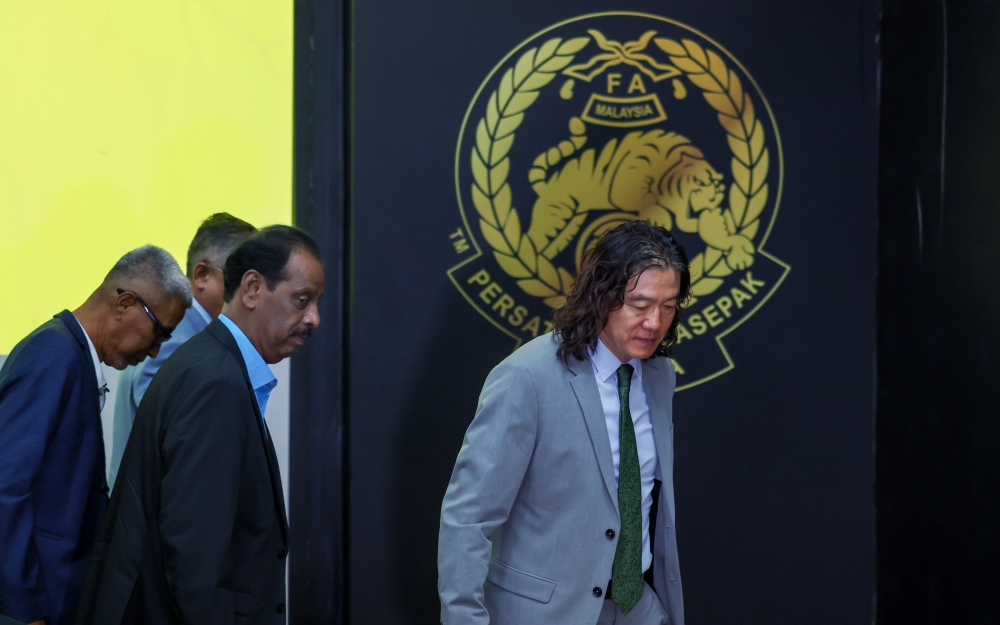 South Korean Kim Pan Gon (far right) makes his exit as head coach of the Harimau Malaya squad on July 16, 2024. — Bernama pic
