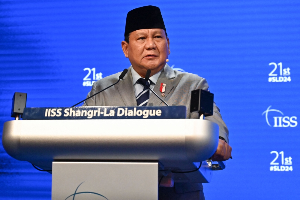 Indonesia’s Defence Minister and president-elect Prabowo Subianto speaks during the 21st Shangri-La Dialogue summit in Singapore on June 1, 2024. — AFP pic