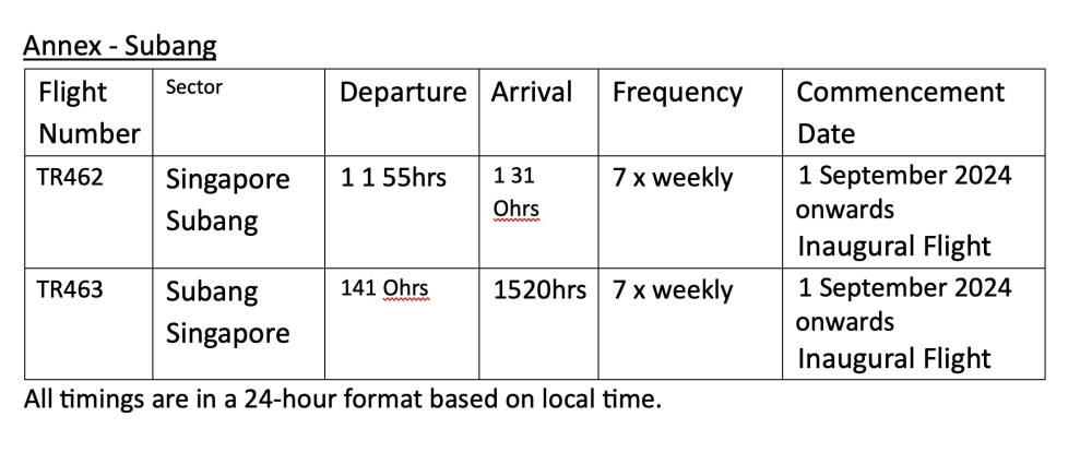 There will initially be seven flights each for Subang-Singapore and Singapore-Subang routes. — Screenshot of table via Scoot