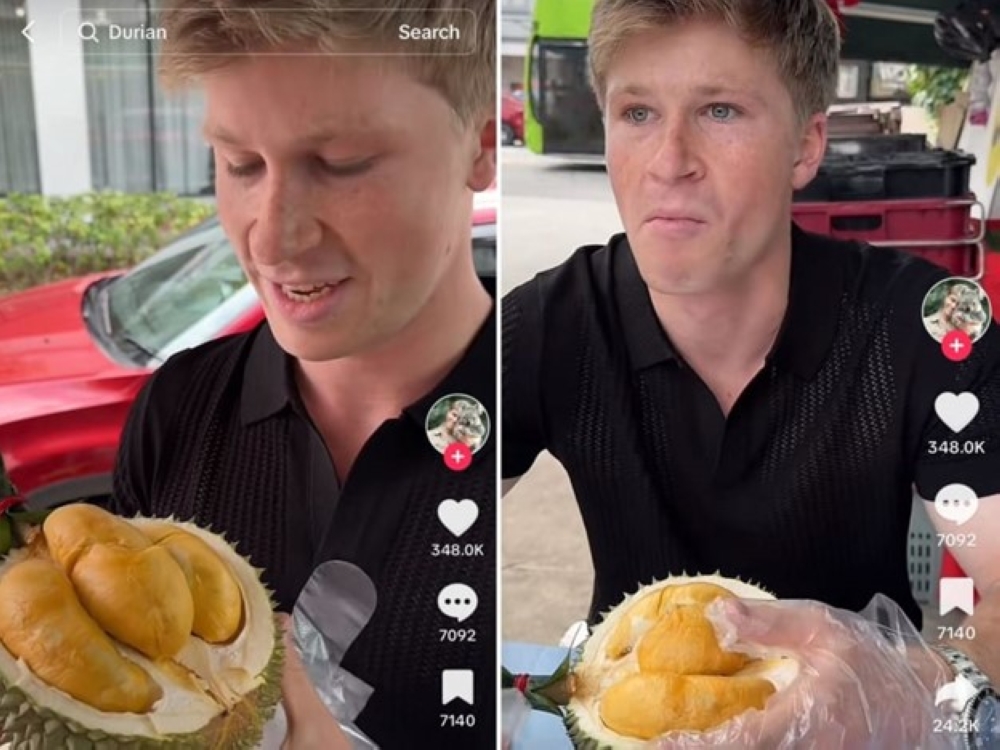 Screenshots from a video showing Australian wildlife advocate and television host Robert Irwin sampling the durian. — Screenshot via TikTok/robertirwin