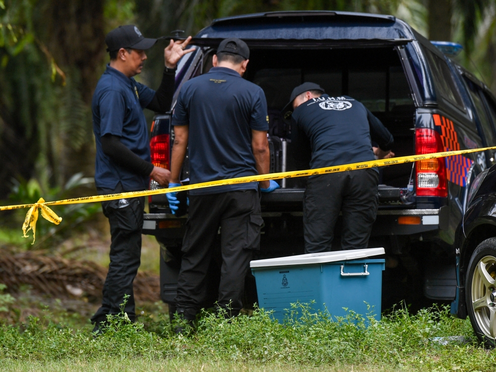The police’s Forensic Unit is seen at an oil palm estate in Kampung Sri Kledang, Hulu Selangor, on July 17, 2024. — Bernama pic