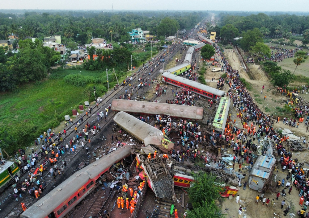 A drone view of derailed coaches last year after a collision in Balasore, India, which killed 288 people and injured more than 1,000. — Reuters pic