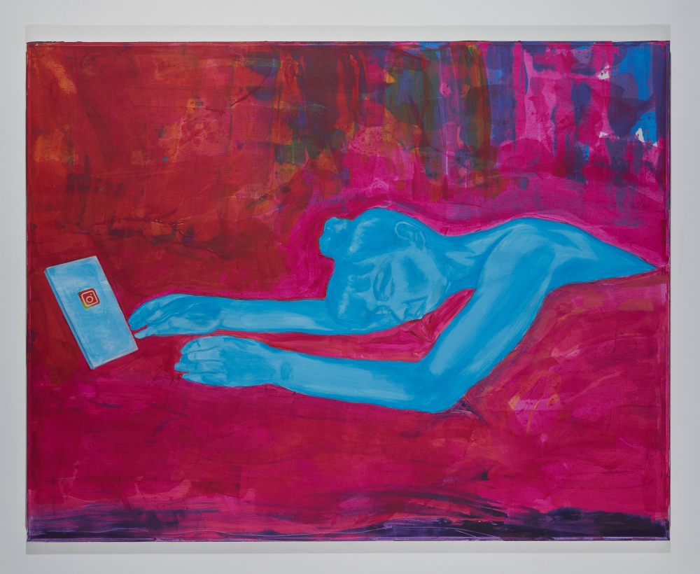 Tan’s ‘Insta Blues’ painting depicts a social media user dozing off whilst watching content from a mobile device. — Pictures courtesy of Tan Kien Eng