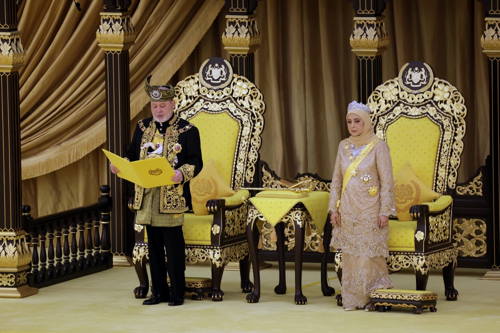 His Majesty Sultan Ibrahim, King of Malaysia, reads the royal address at the Installation Ceremony of Sultan Ibrahim as the 17th King of Malaysia at Istana Negara in Kuala Lumpur July 20, 2024. — Bernama pic