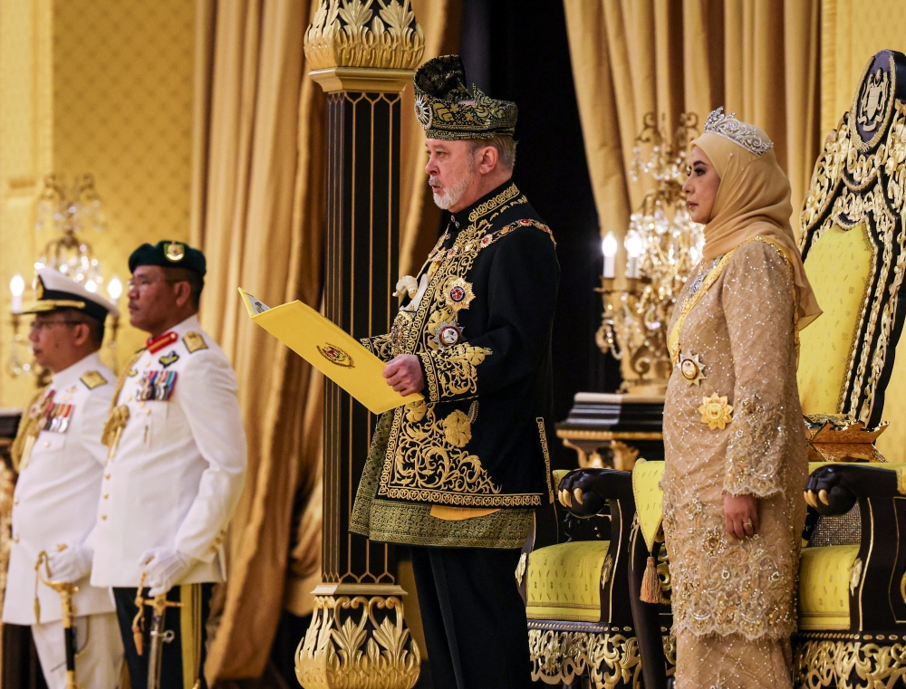 His Majesty Sultan Ibrahim, King of Malaysia, reads the royal address at the Installation Ceremony of His Majesty Sultan Ibrahim as the 17th King of Malaysia at Istana Negara in Kuala Lumpur July 20, 2024. — Bernama pic