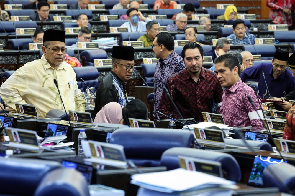 Perikatan Nasional federal lawmakers are seen in Parliament on July 18, 2024. — Bernama pic