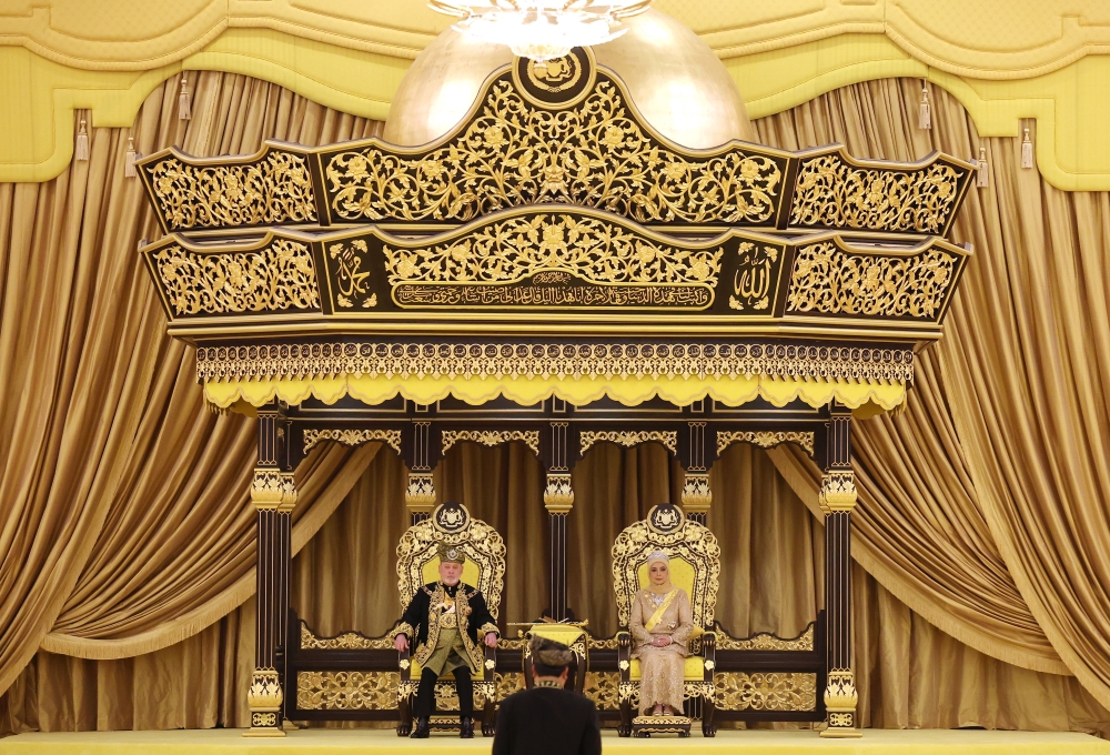 His Majesty Sultan Ibrahim and Her Majesty Raja Zarith Sofiah are seated on the throne at the Balairong Seri of Istana Negara for the Installation Ceremony of Sultan Ibrahim as the 17th King of Malaysia in Kuala Lumpur July 20, 2024. — Bernama pic