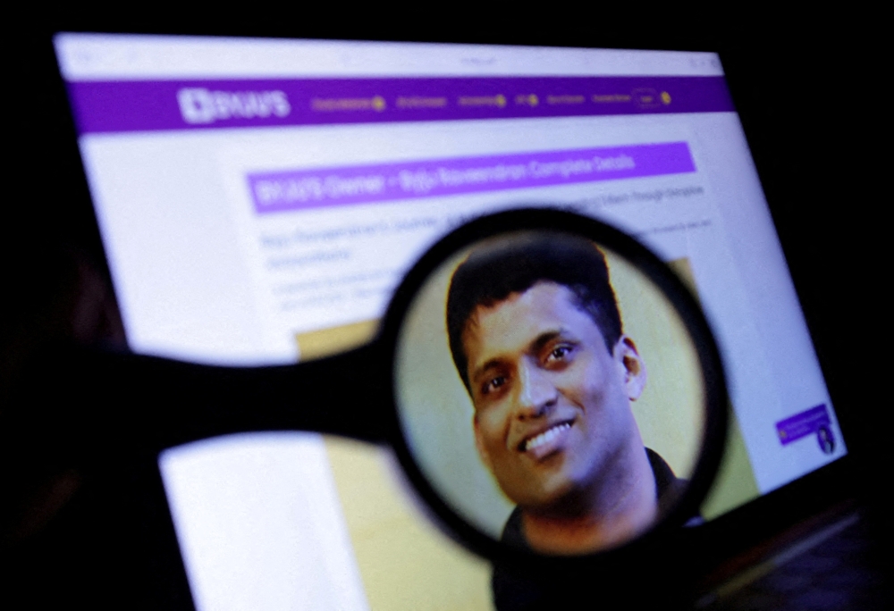 Byju’s owner Byju Raveendran’s photo is seen on his company web page in this illustration taken, July 17, 2024. — Reuters pic