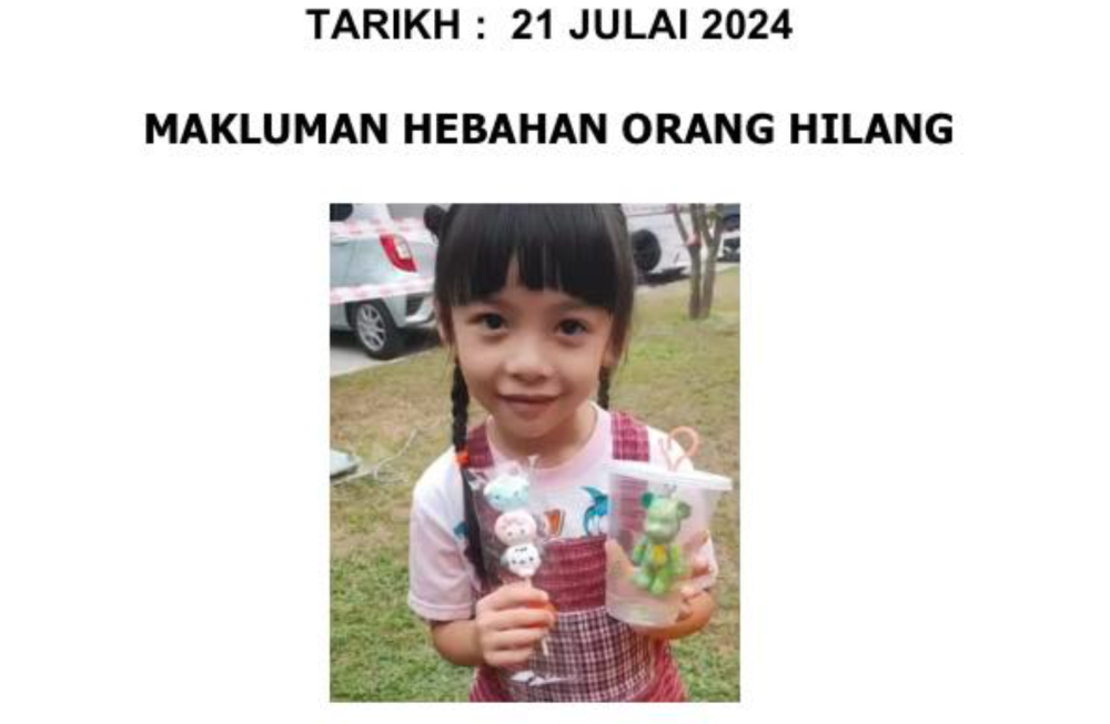 The mother of missing six-year-old Albertine Leo Jia Hui today urged the public not to spread fake information about her daughter’s whereabouts which could affect the chances of her daughter being found. — Picture from Facebook/Polis Daerah Iskandar Puteri