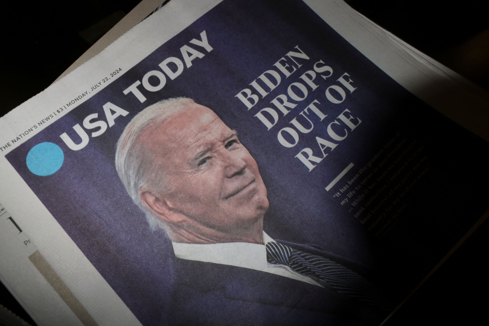 The front page of USA Today is seen the day US. President Joe Biden announced that he is dropping his reelection bid, in Queens, New York, July 21, 2024. — Reuters pic