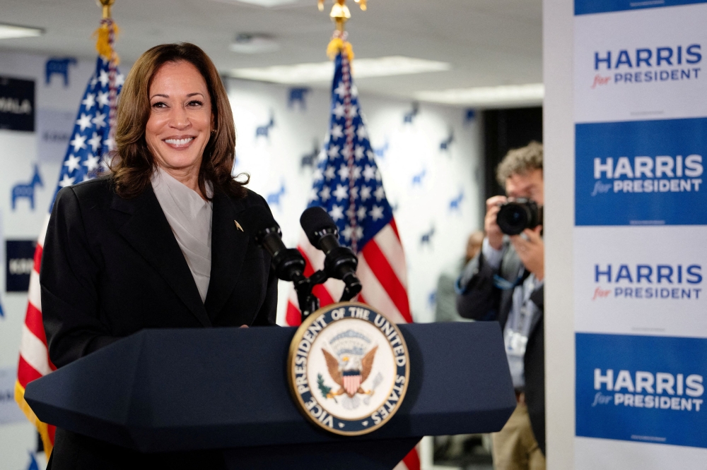 US Vice-President Kamala Harris speaks at her presidential campaign headquarters in Wilmington, Delaware July 22, 2024. — Reuters pic