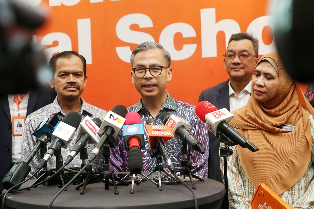 Communications Minister Fahmi Fadzil giving a press conference after the launching of the U Mobile Digital School Pillar at Nexus Bangsar South. July 23 , 2024. — Picture by Choo Choy May.