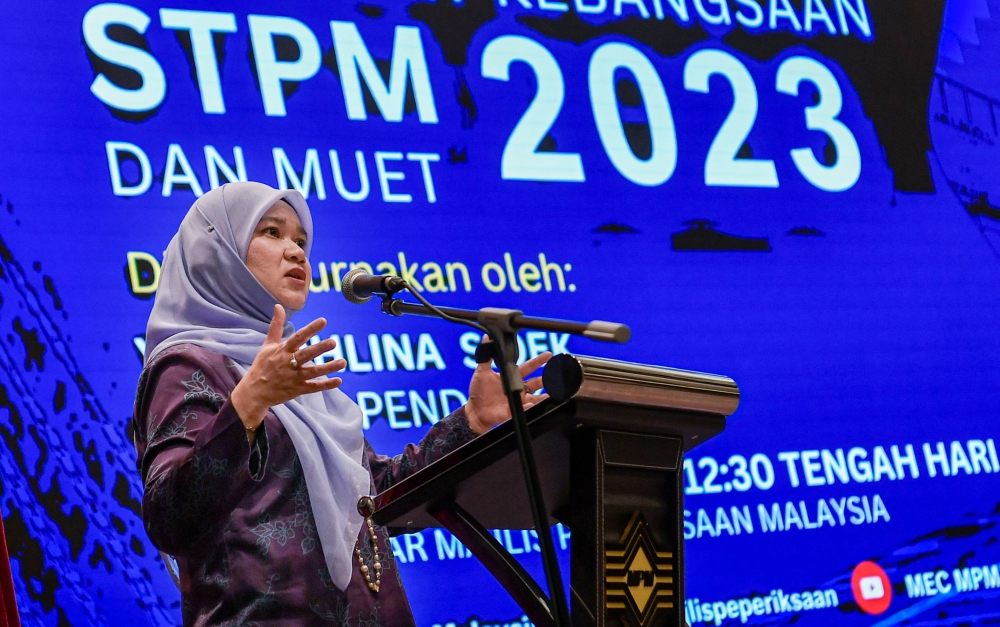 Education Minister Fadhlina Sidek delivers a speech during the inauguration of the Best Student Awards for the Sijil Tinggi Persekolahan Malaysia (STPM) and the Malaysian University English Test (MUET) 2023 in Kuala Lumpur July 23, 2024. — Bernama pic