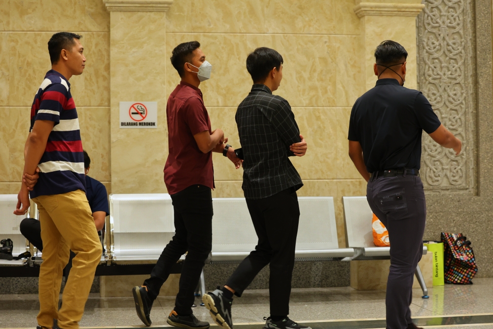 File picture of some of the appellants at the Palace of Justice in Putrajaya May 14, 2024. The Court of Appeal on Tuesday decided that six former Universiti Pertahanan Nasional Malaysia (UPNM) students will be hung to death instead of being jailed for 18 years over Navy Cadet Officer Zulfarhan Osman Zulkarnain’s 2017 murder. — Bernama pic